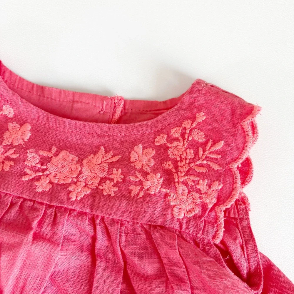 Baby GAP Girls Pink Floral Embroidered Boho Linen Blend Dress‎ Bloomers Set 3-6M
